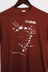 Men's or women's vintage 1970's Sportswear, Made in USA label maroon colored tee with white graphic on the front in a polyester and cotton material.