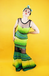 sleeveless floor length dress green and yellow striped print with sheer lace panels vintage 1990's