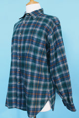 Men's vintage 1980's Pendleton, Made in USA label long sleeve plaid print button up shirt with tan elbow pads. Green and blue colors in a wool material.