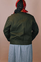 Men's vintage 1950's Caleb V. Smith & S, New York label size large dark green wool cropped fit long sleeve button up jacket with brown shearling liner.