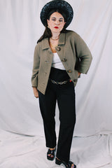 Women's vintage 1950's Harold, Monte-Sano & Pruzan, New York label nubby wool textured grey colored jacket with big grey buttons and small peter pan collar.