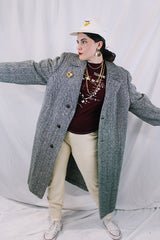 Men's vintage 1970's Metropole Monarch, Man's Shop San Francisco label long length long sleeve black and cream wool chevron trench coat with brown wood buttons.