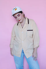 Men's or women's vintage 1960's Van Heusen label button up pajama shirt with collar. Yellow with brown and white trim.
