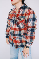 Men's or women's vintage 1970's Stage 2 label size large long sleeve button up shacket in red and blue plaid print. Fleece liner.