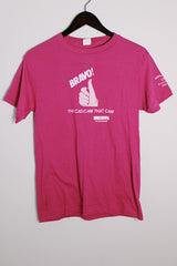 Women's or men's vintage 1980's Ched, Quality Knits by Anvil, Made in USA label magenta pink short sleeve tee with white graphic on front and on sleeve in a polyester and cotton material.