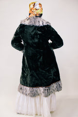 Women's vintage 1960's Glensea Fabric Expressly for North Bay by Glenoit, Union Made label long sleeve long length faux fur coat in brown and tan with toggle buttons.