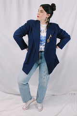 Men's or women's vintage 1960's Varsity-Town Clothes, Meier & Frank Co., Portland, OR long sleeve navy blue pin striped double breasted wool material blazer.