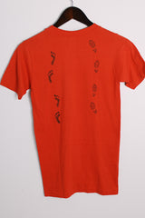 Women's or men's vintage 1970's Sport-T by Stedman label short sleeve red tee with white and black graphic on front and back in a polyester and cotton material.