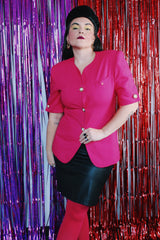 Women's vintage 1980's Collections label short sleeve button up power blazer in hot pink colors.