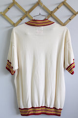 Women's or men's vintage 1950's Action Tailored by Rawlings, Bill Beard Sporting Goods inc., Salem, Oregon label short sleeve white sport jersey with maroon and yellow trim