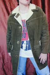 Men's or women's vintage 1950's Chumley Sport Shop, Charles F. Berg label long sleeve army green velvet PVC coat with cream shearling liner