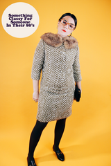 wool chevron striped olive green and cream jacket and pencil skirt set jacket has fur trim vintage 1960's