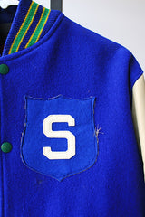 Men's or women's vintage 1970's Dehen, Award Letters, Beaverton, Oregon label long sleeve cream and vibrant blue varsity letterman jacket with green and yellow trim in wool and leather material.