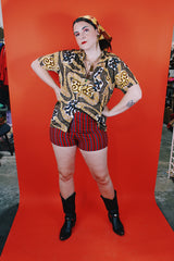 Women's or men's vintage 1970's Aloha Authentic Hand-Screened Originals label short sleeve Hawaiian print button up collared shirt in yellow, white, and brown colors.