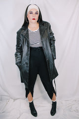 Women's vintage 1980's Leather King label long sleeve dark chocolate brown long length leather coat with button front closure and matching tie belt.