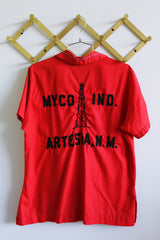 Women's vintage 1970's King Louie Creation, Made in USA label short sleeve button up bowling shirt in maroon red cotton material with embroidered trim and wording on front and back