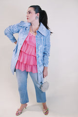 Women's vintage 1970's long sleeve long length pale blue crushed velvet jacket. Puff sleeves and matching tie belt.