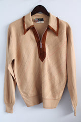 Women's or men's vintage 1960's Made in Italy Exclusively For Meier & Frank Company, Portland label long sleeve tan brown colored pullover sweater with a dagger collar and half front zipper closure.