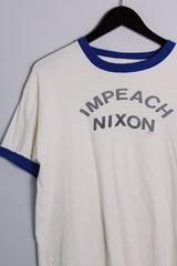 Men's or women's vintage 1970's Quality Sportswear Products, Made in USA label white ringer tee with blue trim and black graphic on the front.