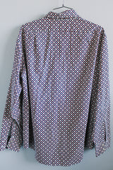 Women's or men's vintage 1970's Forum Collection label long sleeve button up shirt in white with all over navy and red abstract print.