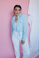 Men's or women's vintage 1970's Levi's, Regular Fit label long sleeve light blue plaid button up shirt with two chest pockets