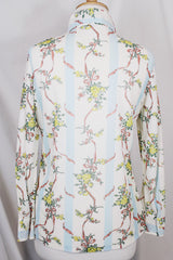 Women's vintage 1970's Knit Editions by Ship 'n Shore long sleeve button up blouse with a dagger collar in an all over white and blue stripes pattern and floral print.