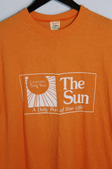 Women's or men's vintage 1970's Sport-T by Stedman label short sleeve orange tee with white graphic on the front and back in a cotton and polyester material.