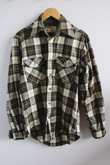 Men's vintage 1970's Montgomery Ward label size medium long sleeve wool button up shirt in cream and dark green colors. Has two chest pockets