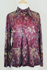 Men's or women's vintage 1970's long sleeve maroon colored button up shirt with all over multi colored abstract print in slinky polyester material.