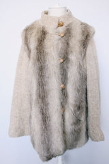 Women's vintage 1980's Lifestyle 80's by Andrea Ungar label long sleeve jacket with faux fur body in front and back and acrylic arms. Buttons up the front with side pockets.