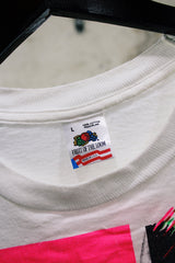 Women's or men's vintage 1990's Fruit of the Loom, Made in USA label short sleeve white Sawyer Brown band tee with multicolored graphic and text on front and back.