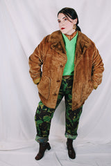 Men's or women's vintage 1970's Towncraft Penneys label long sleeve brown colored corduroy jacket with faux fur trim and liner.