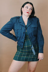 Men's vintage 1950's FLYVAPNET Nr. 48 size small Swedish Air Force cropped long sleeve wool jacket in navy blue that looks like denim.