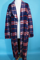 Women's or men's vintage 1950's Beacon label long sleeve long length plaid print dressing gown in purple, red, and white plaid print.