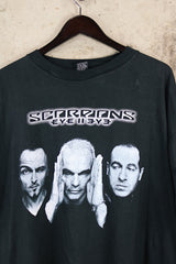 Women's or men's vintage 1999 O.B., Assembled in Mexico label short sleeve black Scorpions tour t-shirt with a colored graphic on front and back.