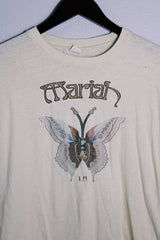 Women's or men's vintage 1970's Ched, Quality Knits label short sleeve cream colored Mariah band tee with brown butterfly graphic on the front.