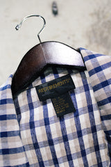 Women's vintage 1980's Requirements label short sleeve lightweight plaid print blazer in cream, white, and navy blue.