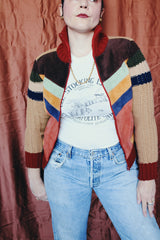 Women's vintage 1970's Organically Grown, Sweaters by Arpeja zip up sweater cardigan that is half knit acrylic and half genuine suede in multicolors.