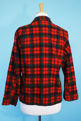 Men's or women's vintage 1960's Pendleton label long sleeve button up plaid shirt in wool material. Red and green colors.