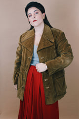 Men's or women's vintage 1970's Towncraft, Penneys, Made in Yugoslavia label size large long sleeve brown colored corduroy pea coat with button closure and pockets.