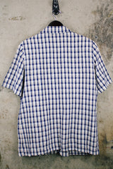 Women's vintage 1980's Requirements label short sleeve lightweight plaid print blazer in cream, white, and navy blue.