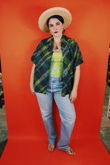 Women's or men's vintage 1970's Sportsman by Cal-Made California short sleeve printed button up shirt with collar.