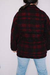 Men's or women's vintage 1960's Black Bear Brand, Union Made label long sleeve button up shacket in a size large. Plum and black all over plaid print in wool material.