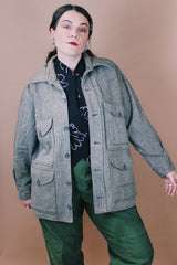 Men's or women's vintage 1960's Tailored by Day's, Fabric by Wool O' The West size large long sleeve button up grey wool tweed shacket with four pockets.