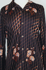 Men's or women's vintage 1970's Kings Road label long sleeve chocolate brown colored button up shirt with all over floral print in a slinky polyester material.