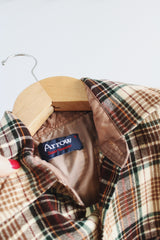 Men's vintage 1970's Arrow Sportswear label size small long sleeve button up shirt in acrylic material. Cream and brown colors with two chest pockets.