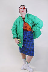 Men's or women's vintage 1980's King Louie Pro Fit, Made in USA label long sleeve kelly green puffer jacket with zipper and popper buttons up the front.