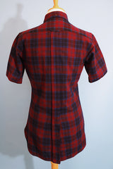 Men's vintage 1960's Quality Tailoring, Him, Made in Japan label short sleeve button up plaid shirt in a wool and nylon blend material. Navy and maroon colors.