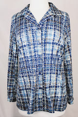 Women's vintage 1970's Mr. Alex, a division of Alex Colman Inc. label long sleeve button up blouse with dagger collar in all over white and blue colored abstract print.