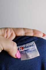 Women's or men's vintage 1980's Hanes, Fifty-Fifty, Made in USA label short sleeve navy blue Doug Kershaw band tee with graphic on front and back in cotton and polyester material.